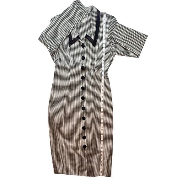 Vintage D.B.Y. Dress Womens 9 Black Checkered Velvet Chelsea Collar Pencil Dress - Picture 6 of 14